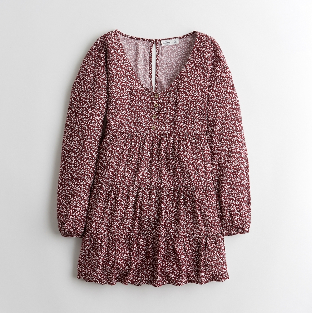 Hollister Tiered Babydoll Dress Burgundy White Floral Size XL